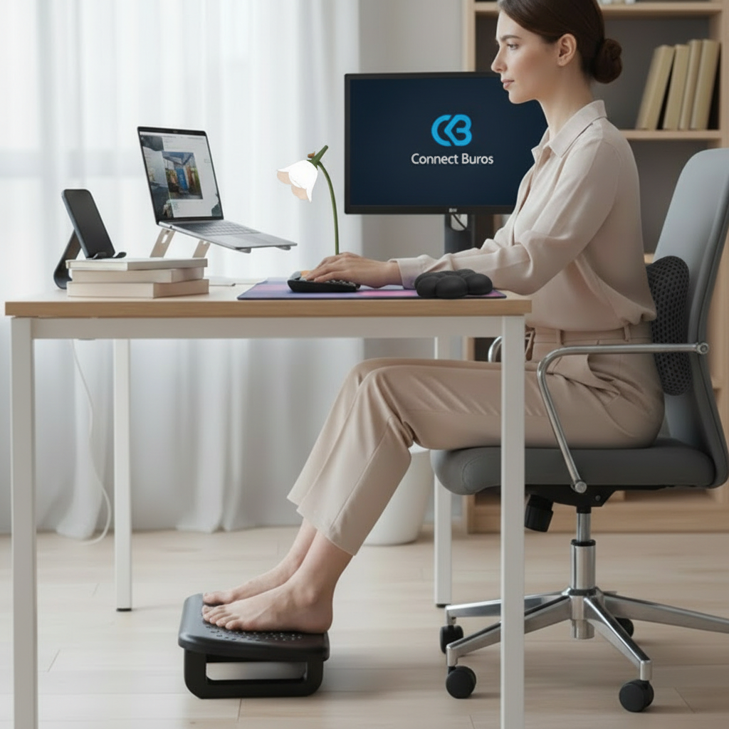 Bureau moderne avec logo Connect Buros, coussin lombaire et repose-poignet