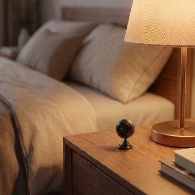 Mini camera de surveillance posée sur une table de chevet.   