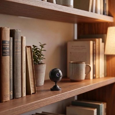 Mini camera. Discrète mini caméra de sécurité posée sur une étagère.